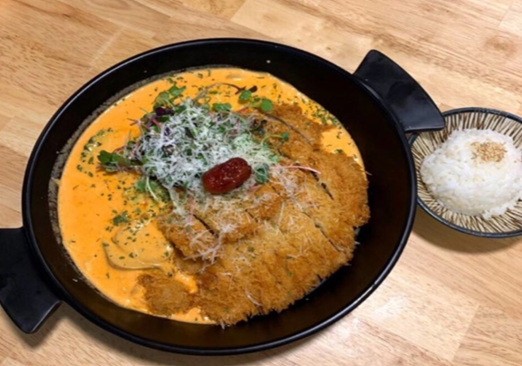 Pink Rosé Katsu with rice cake