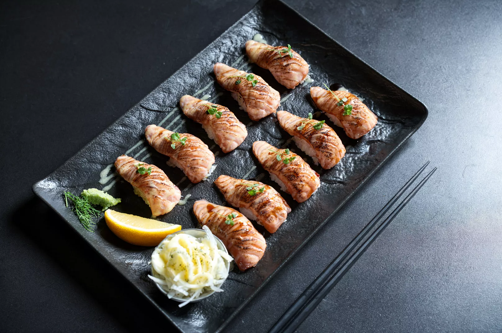 Torched salmon chobab sushi at Jeju Snow Salmon