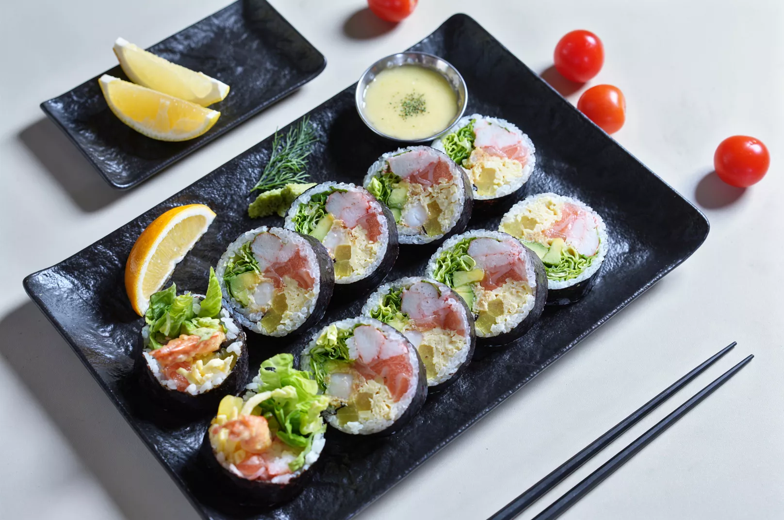 Fresh salmon and shrimp kimbap at Jeju Snow Salmon Doha